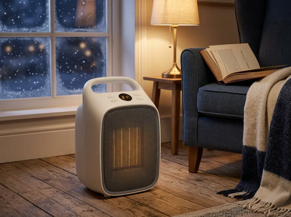 Portable ceramic heater on a hard floor near an armchair in a lamp-lit reading corner on a snowy evening