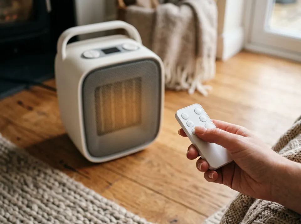 Hand holding a small white wireless remote control in front of a compact ceramic space heater
