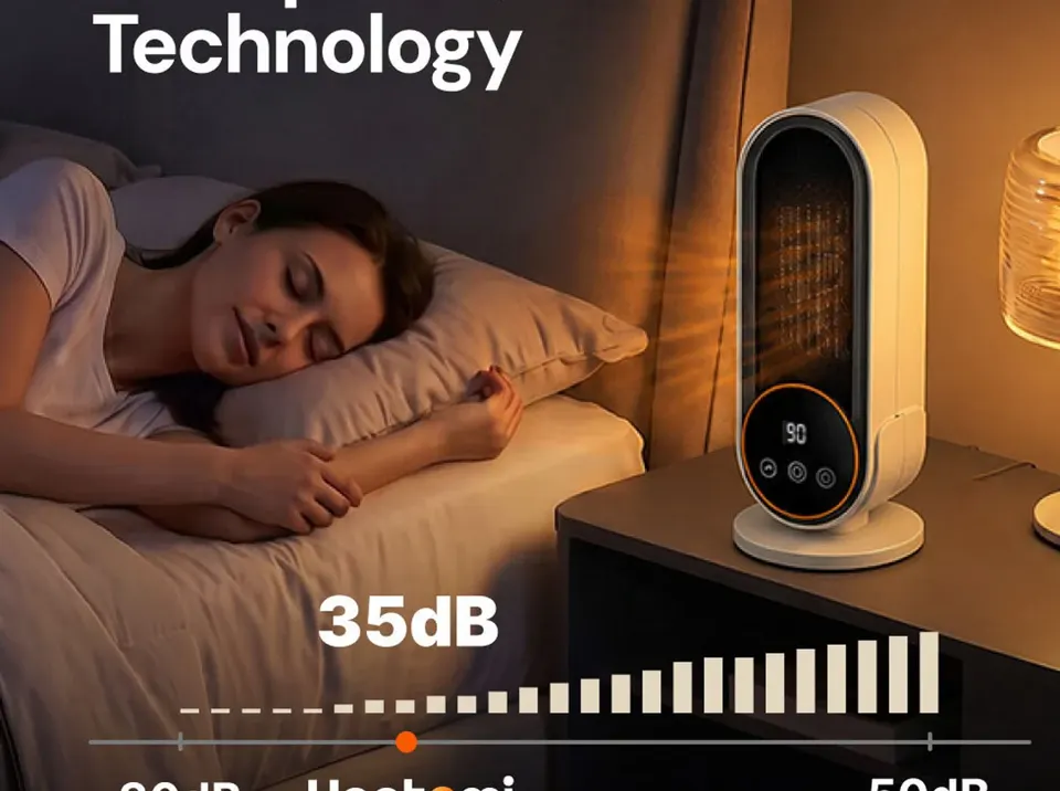 Heatomi ceramic heater glowing warm on a nightstand beside a sleeping woman, in a manufacturer graphic advertising a 35 dB noise level