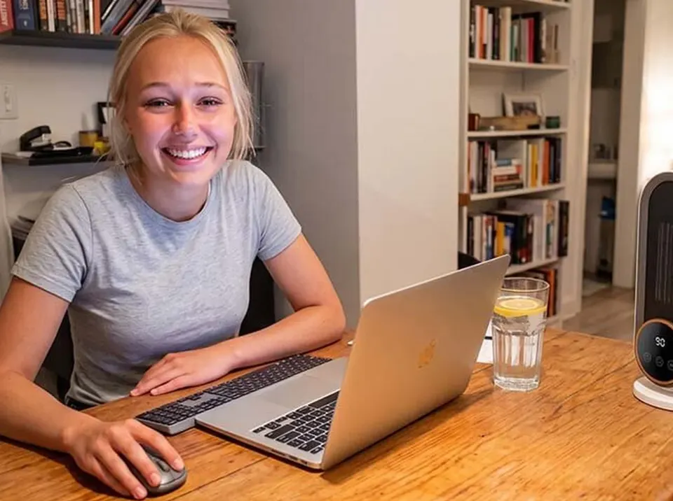 Smiling woman working on a laptop at a wooden desk with a white Heatomi ceramic heater and its digital display at the edge of the desk